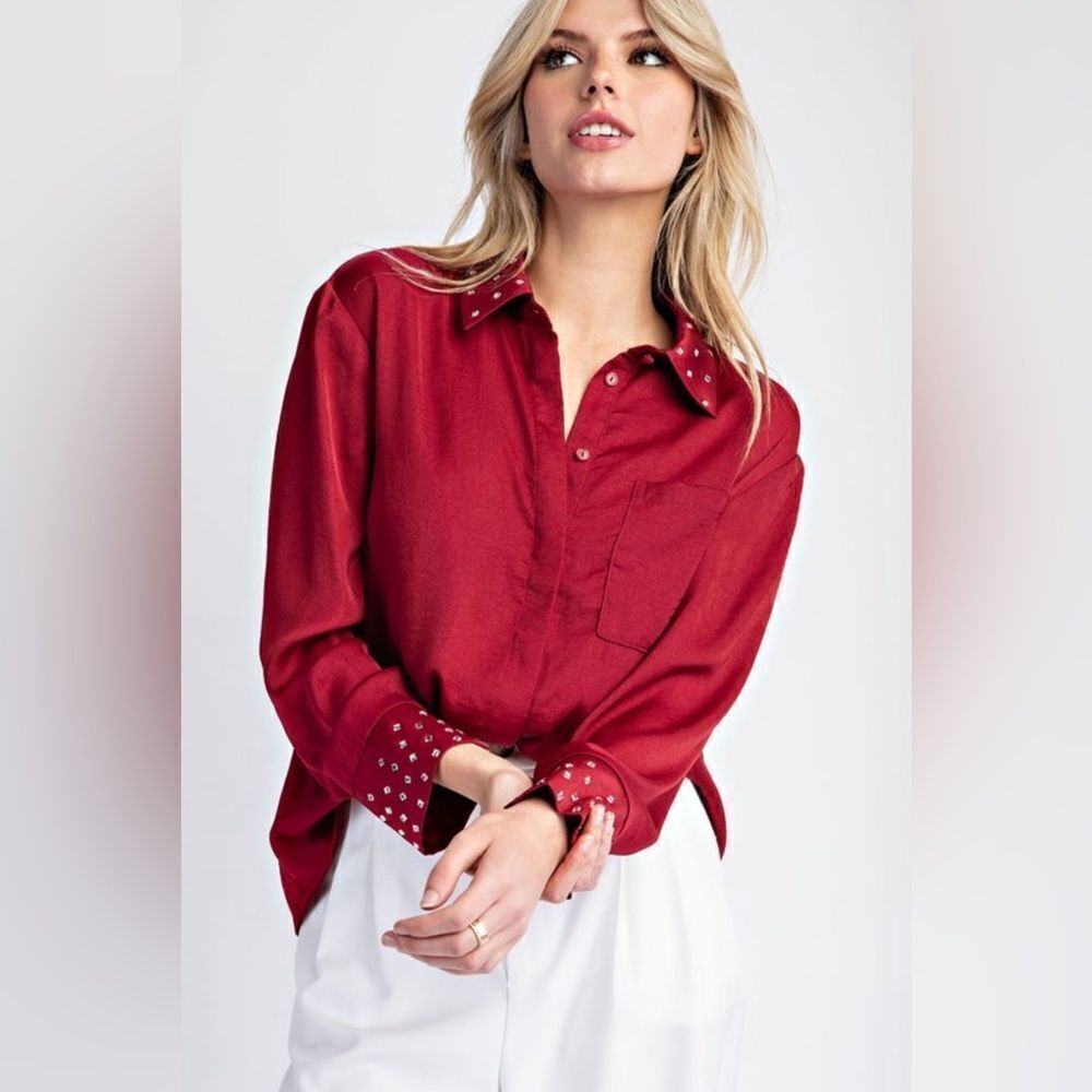 937. SCARLET EMBELLISHED BUTTON DOWN LONG SLEEVE BLOUSE TOP